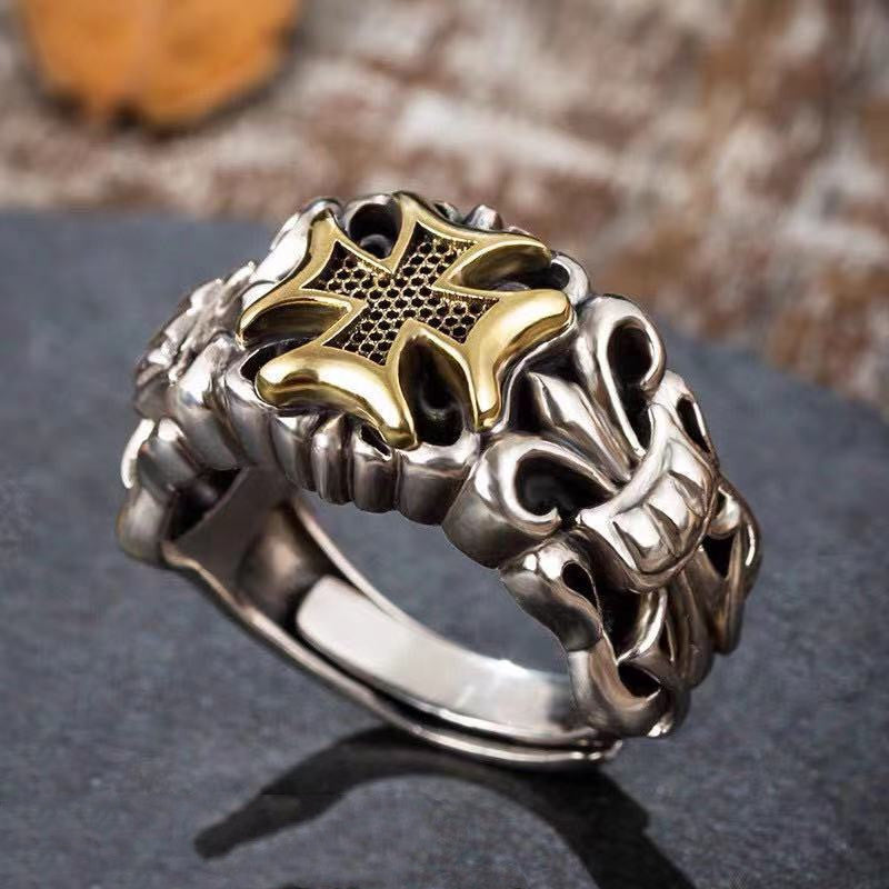 Web Based S925 Silver Punk Men's Cross Ring Anchor Flower