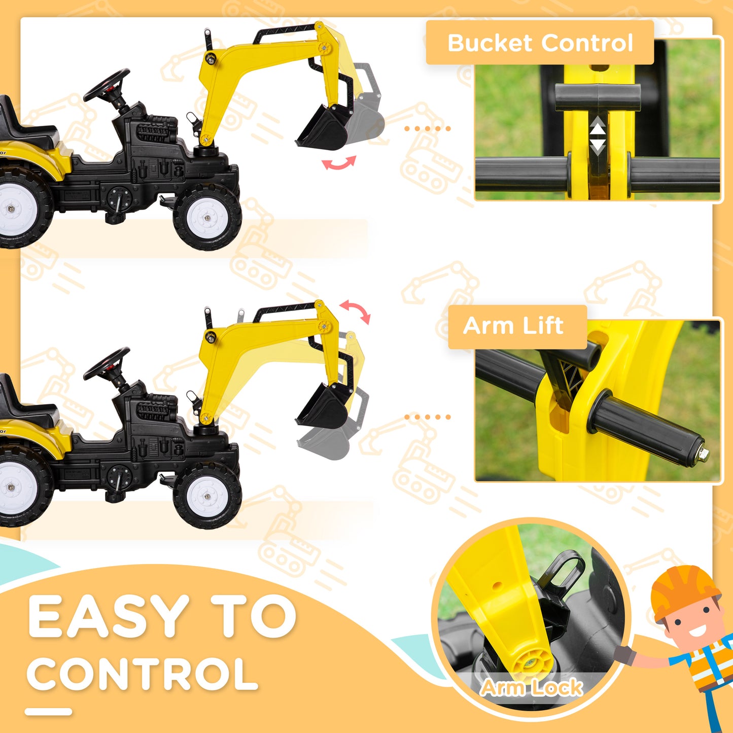 Web Based Kids Ride On Excavator, Pedal Digger, Construction Truck with Horn for Kids and Toddlers 3+, Yellow