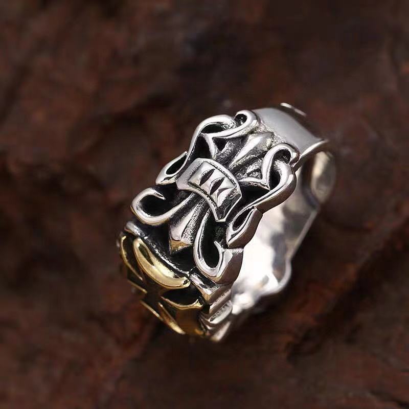 Web Based S925 Silver Punk Men's Cross Ring Anchor Flower