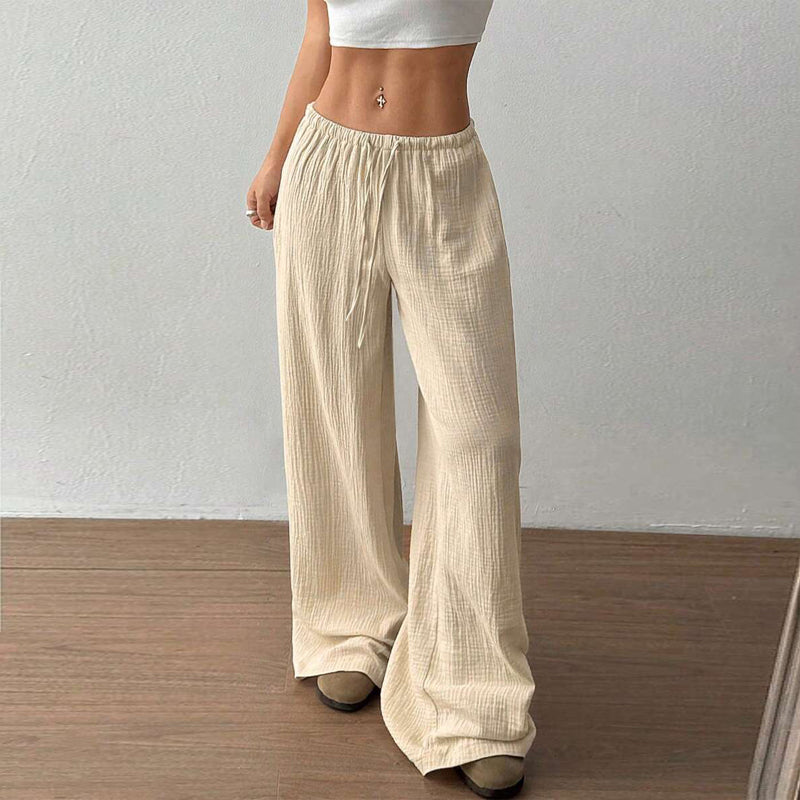 Web Based Plus Size Women's Solid Color High-Waisted Wide Leg Pants Drawstring Waist Casual Trousers For Spring And Autumn