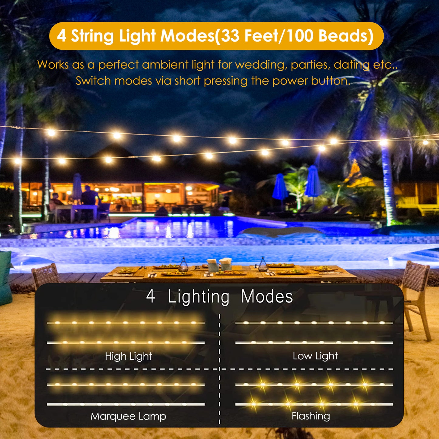 Web Based Rechargeable Camping String Light IP44 Waterproof Camping Lantern With 33Ft String Light 7 Light Modes Emergency Power Bank Carry Bag For Indoor Outdoor Wedding Party