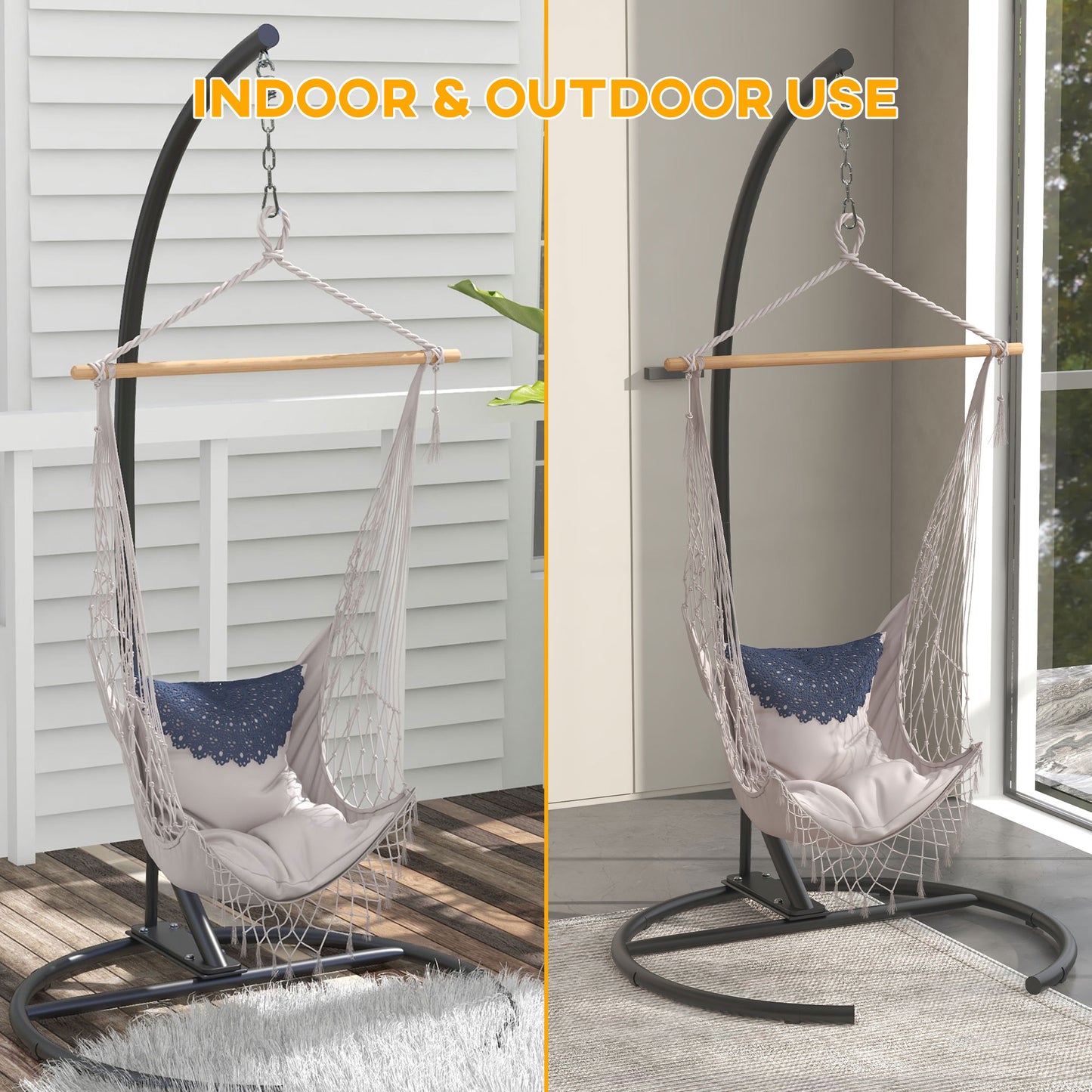 Web Based Hanging Hammock Chair Stand with Round Base, 40.2" x 76.8", Black