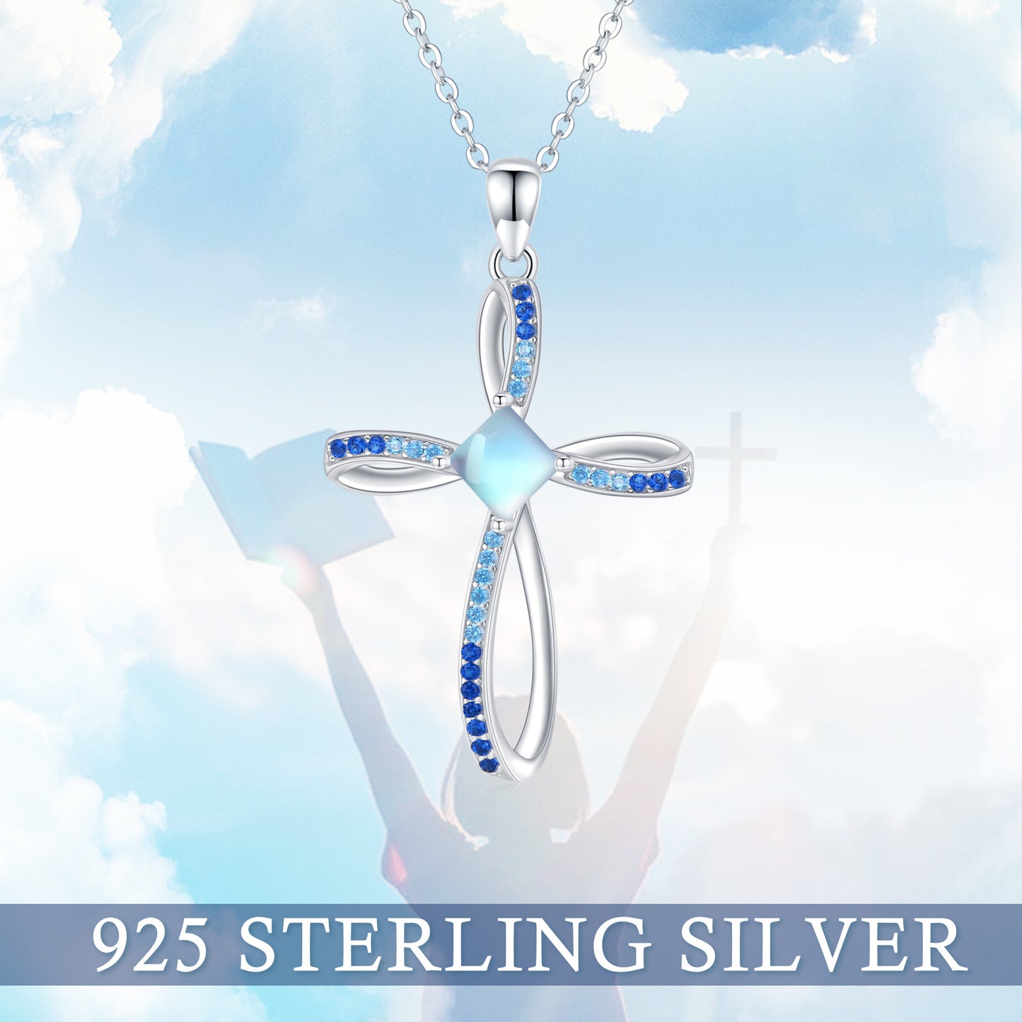 Web Based Moonstone Cross Pendant Necklace in 925 Sterling Silver