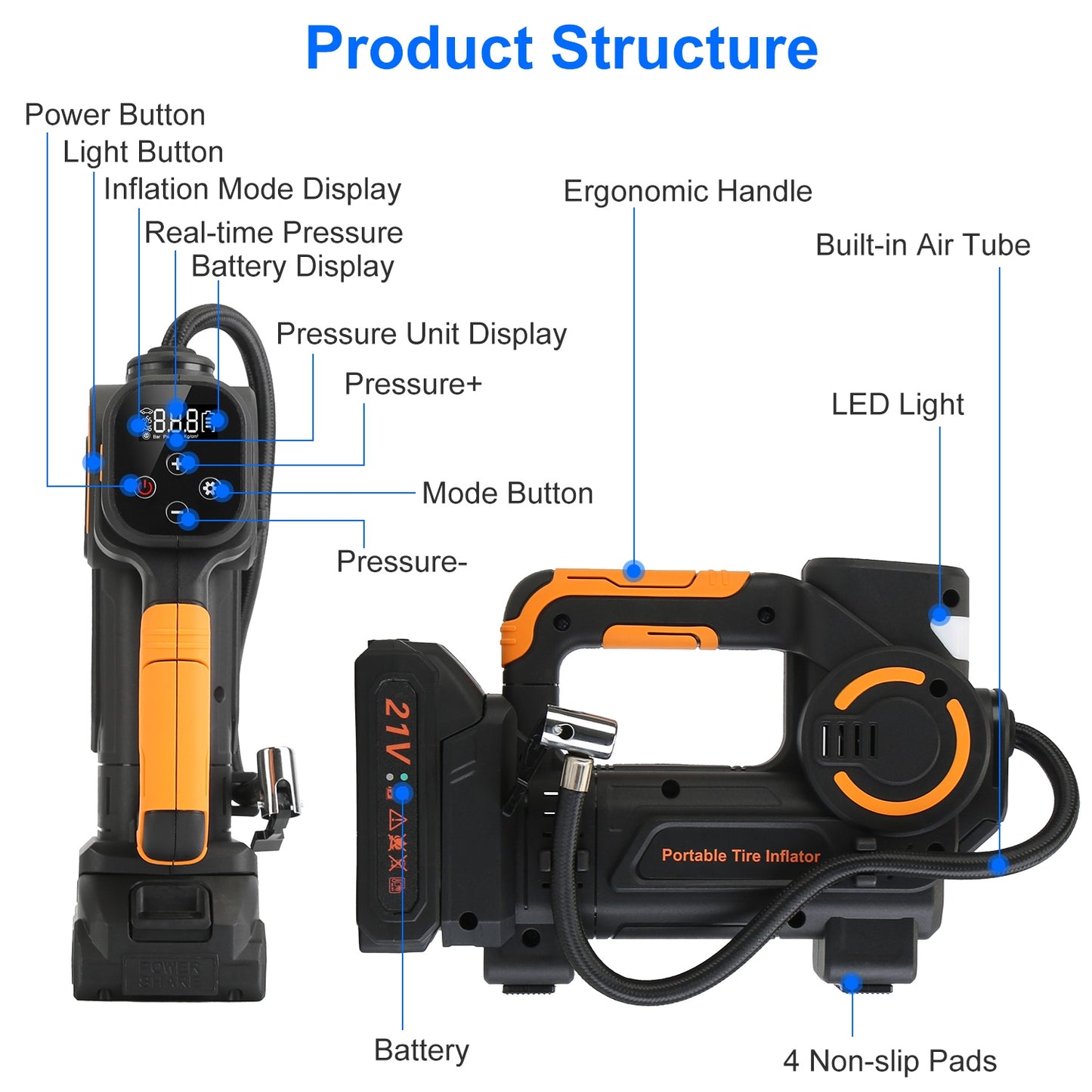 Web Based 1Pc 140W 150PSI 21V Battery Powered Tire Inflator Cordless Air Inflator Digital Air Compressor With LED Light For Cars Motorcycles Bicycles Balls
