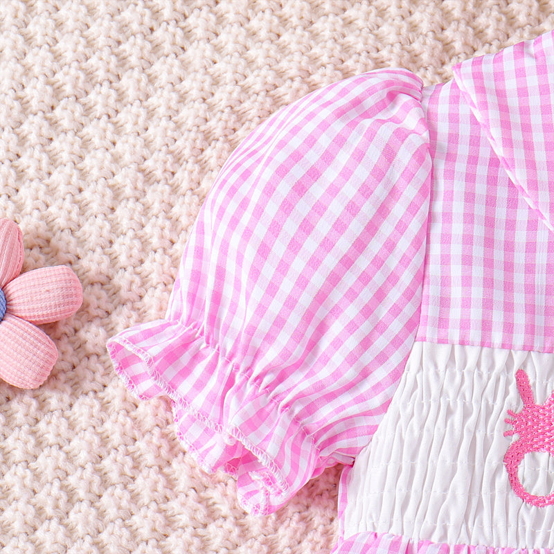 Web Based Toddler Girl's Lapel Bubble Sleeve Dress, Checkered Pattern & Bunny Embroidery A-Line Summer Dress