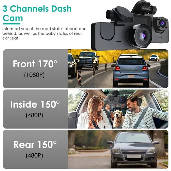 Web Based 3 Channel Dash Cam Front Inside Rear Vehicle Driving Recorder Car DVR With 32G MMC Card G Sensor Motion Detection Parking Monitor Night Vision Loop Recording