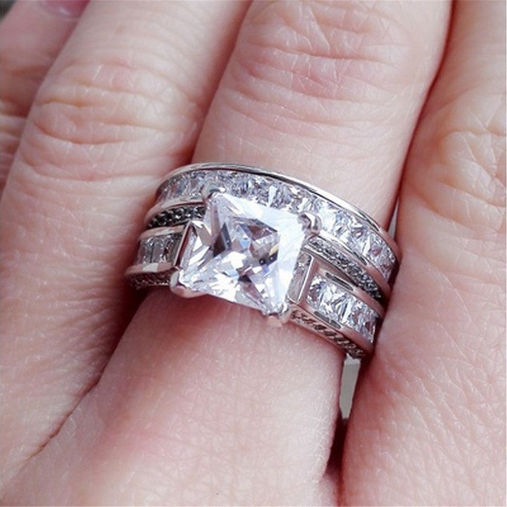 Web Based  Charm Couple Rings His Her Silver Color Princess Cut CZ Anniversary Promise Wedding Engagement Ring Sets