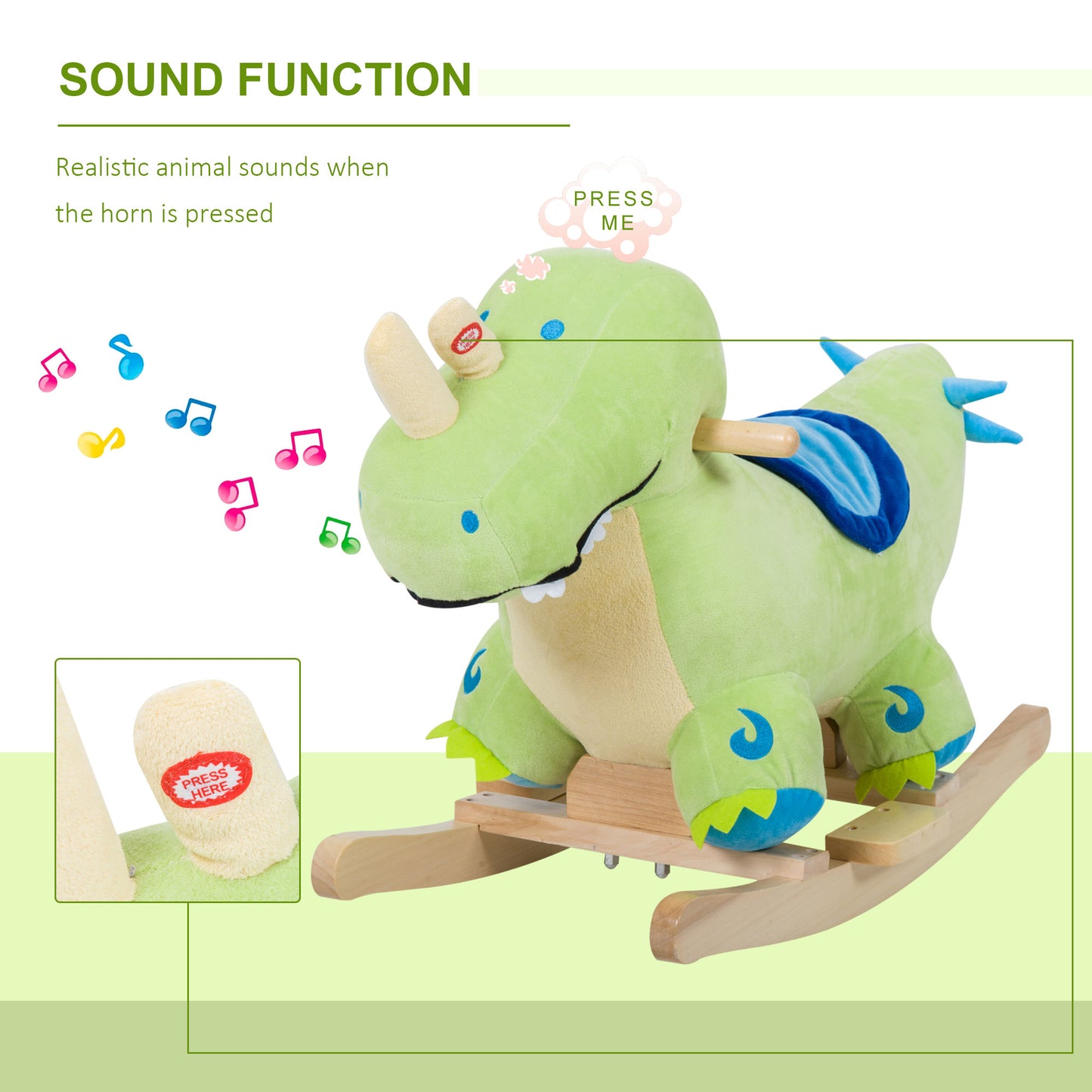 Web Based Kids Plush Ride-On Rocking Horse Toy Dinosaur Ride on Rocker Green with Realistic Sounds