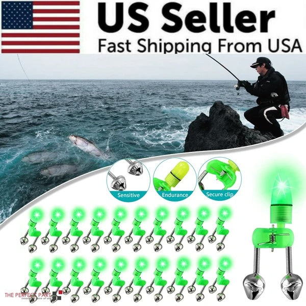 Web Based LED Night Fishing Bite Bait Alarm 2 Bells Light Rod Tip Clip Alert Ring