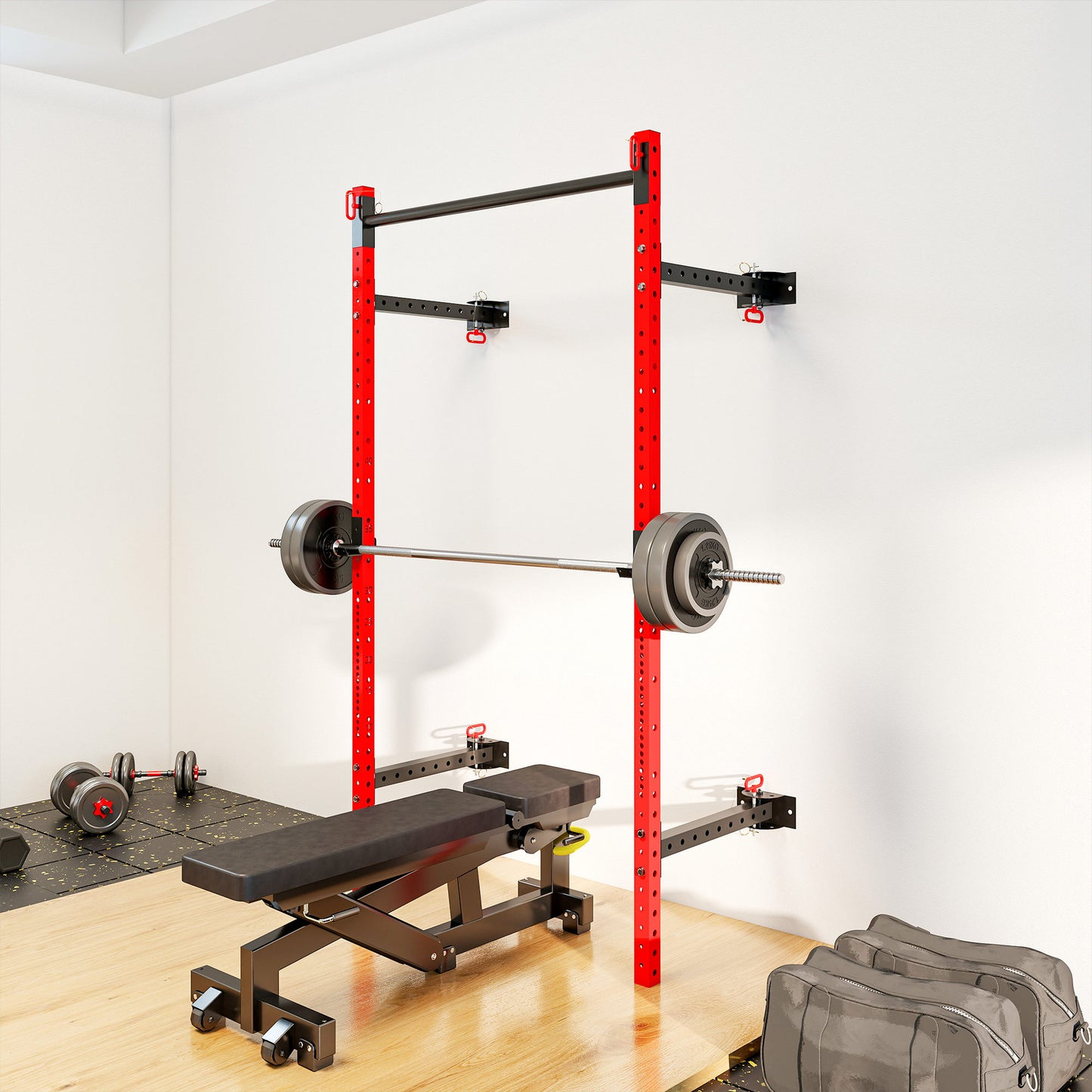 Web Based Folding Squat Rack with Pull Up Bar, Wall Mounted and Adjustable, 1000 Pounds Capacity Power Rack, Red