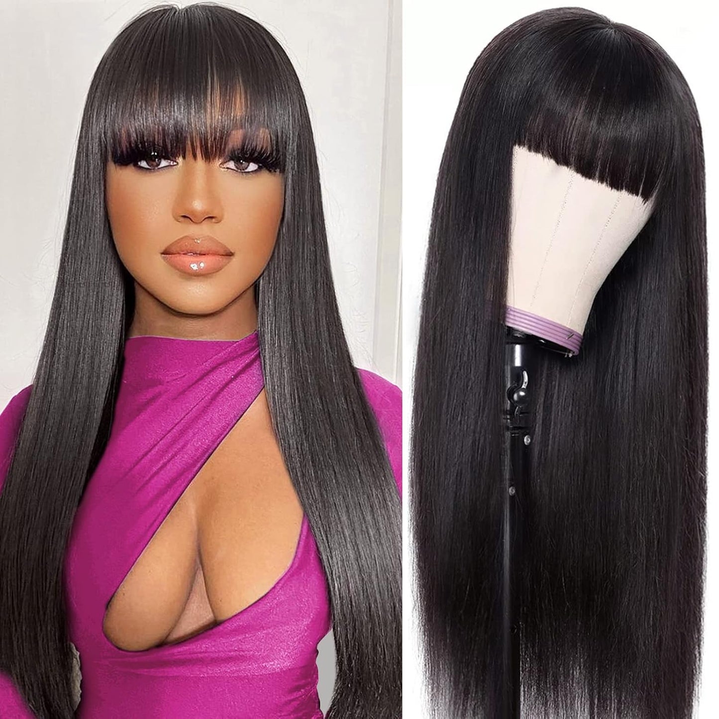 Web Based Machine Made Human Hair Wig With Bangs, Straight Natural Color Wig, 150 Density