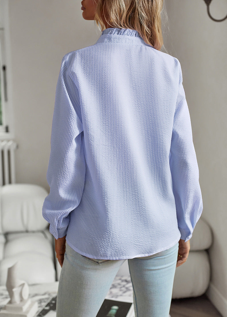 Web Based Striped Long Sleeve Shirt Fashion Ruffle Design Button Up Tops Casual Office Blouse Elegant Commuting Women's Clothing