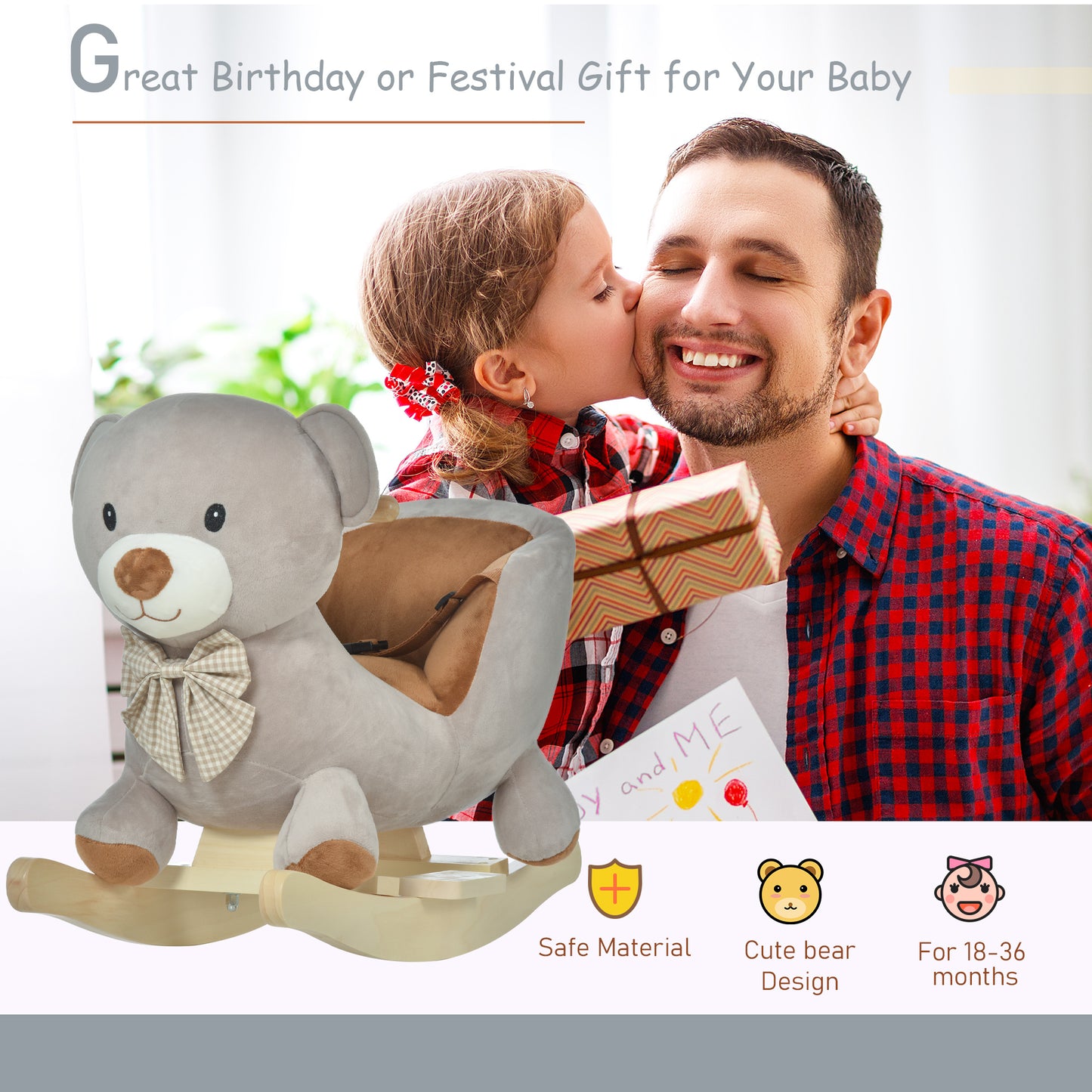 Web Based Bear-Shaped Kids Rocking Horse with Sound for 18-36 Months, Gray