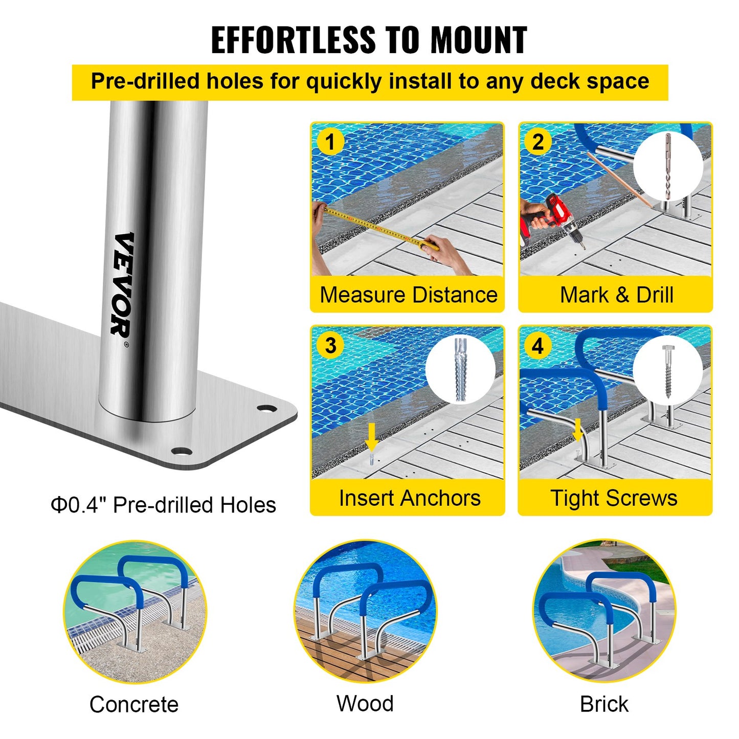 Web Based Pool Handrail, 32 X 22.5 Swimming Pool Stair Rail, 304 Stainless Steel Stair Pool Hand Rail Rated 375lbs Load Capacity, Pool Rail With Quick Mount Base Plate, And Complete Mounting Accessories
