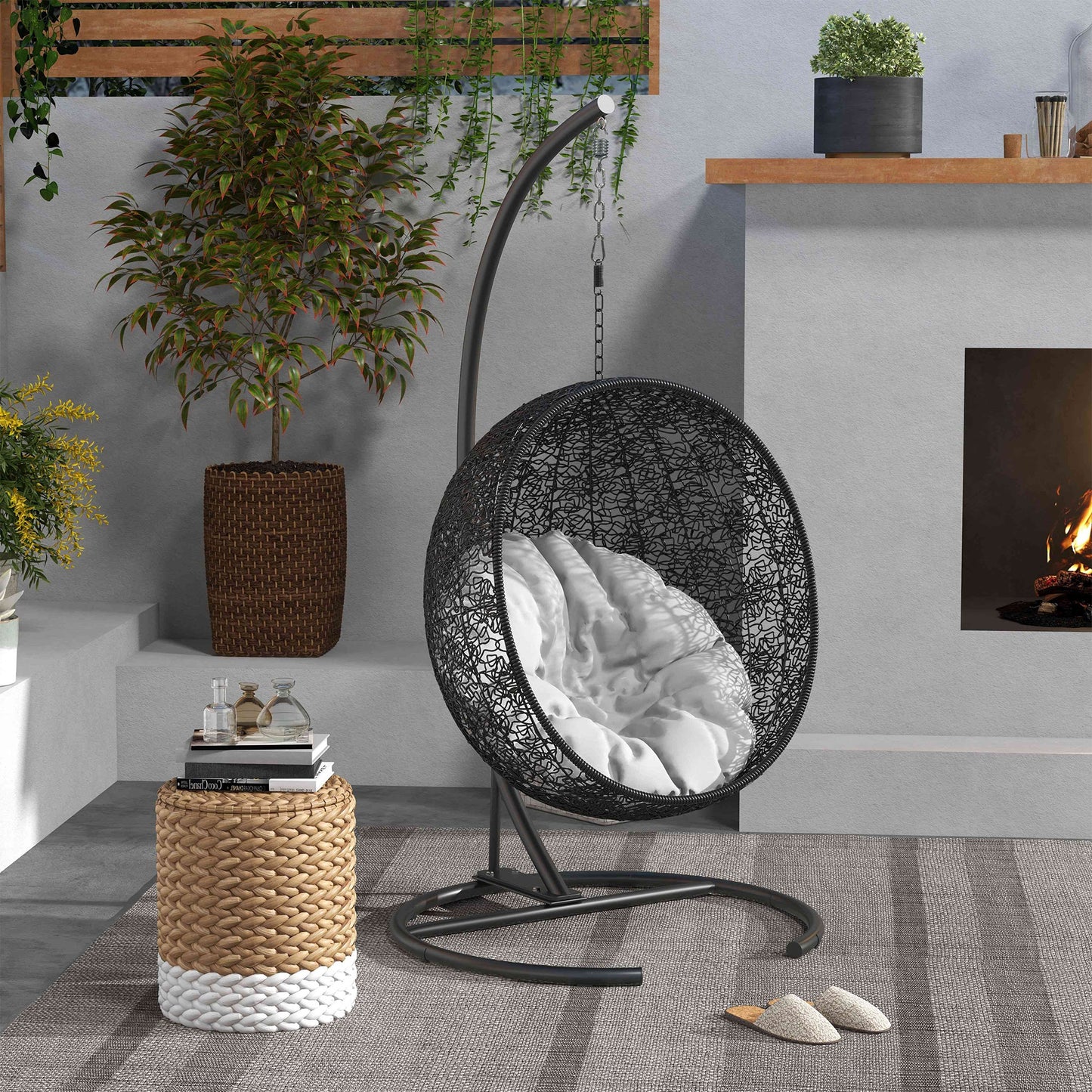 Web Based Hanging Hammock Chair Stand with Round Base, 40.2" x 76.8", Black