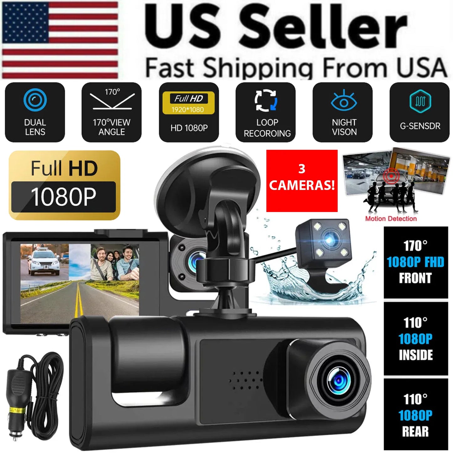 Web Based Car Dual Lens Dash Cam HD 1080P Front Rear Inside Video Recorder Camera G-Sensor