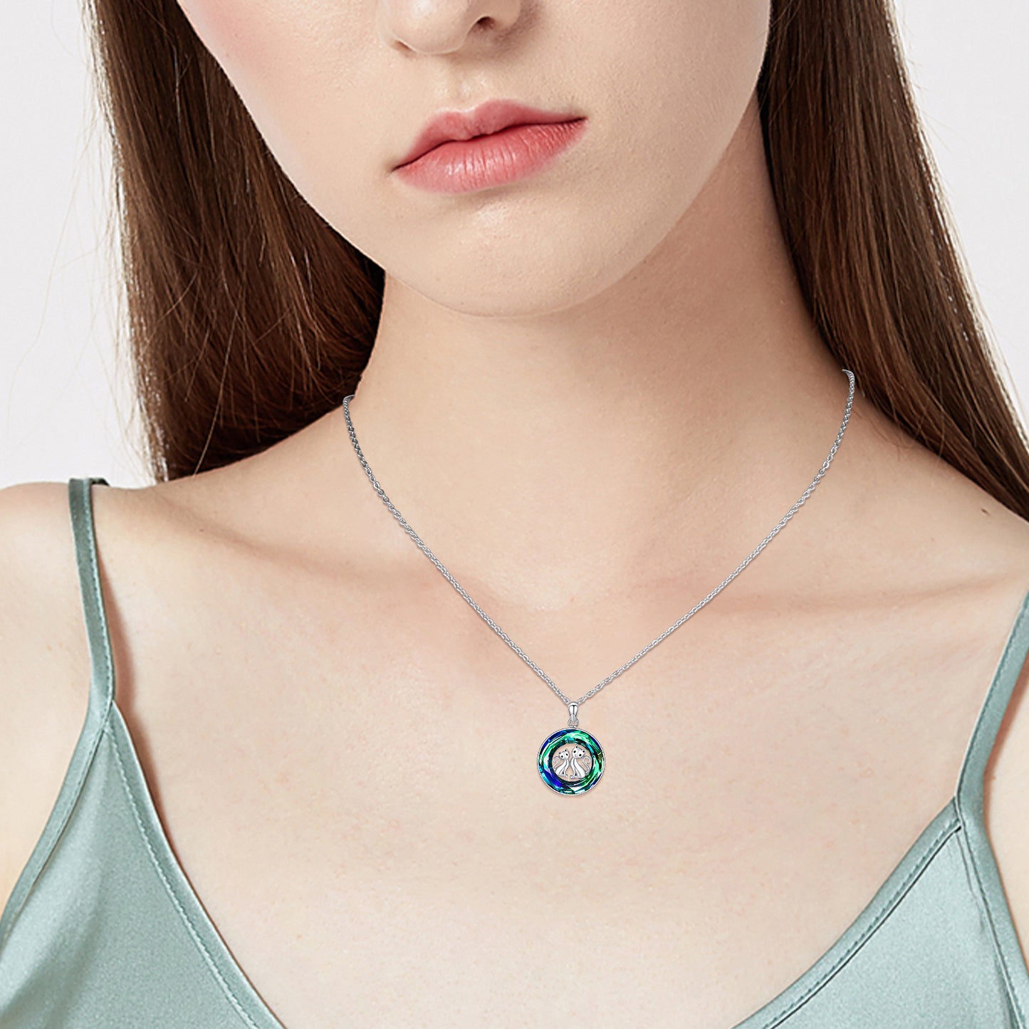 Web Based Crystal Circle Cat Pendant Necklace Sterling Silver