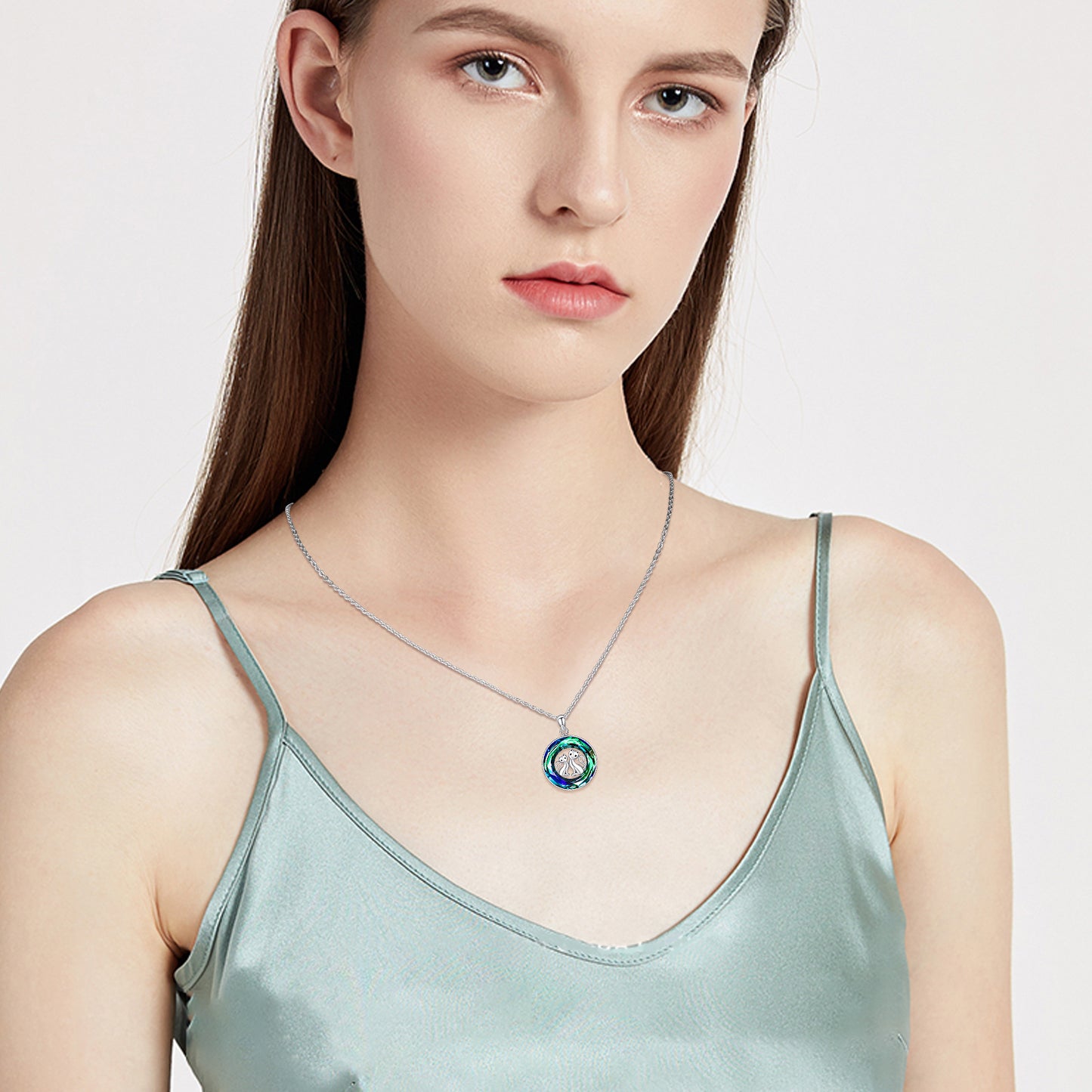 Web Based Crystal Circle Cat Pendant Necklace Sterling Silver