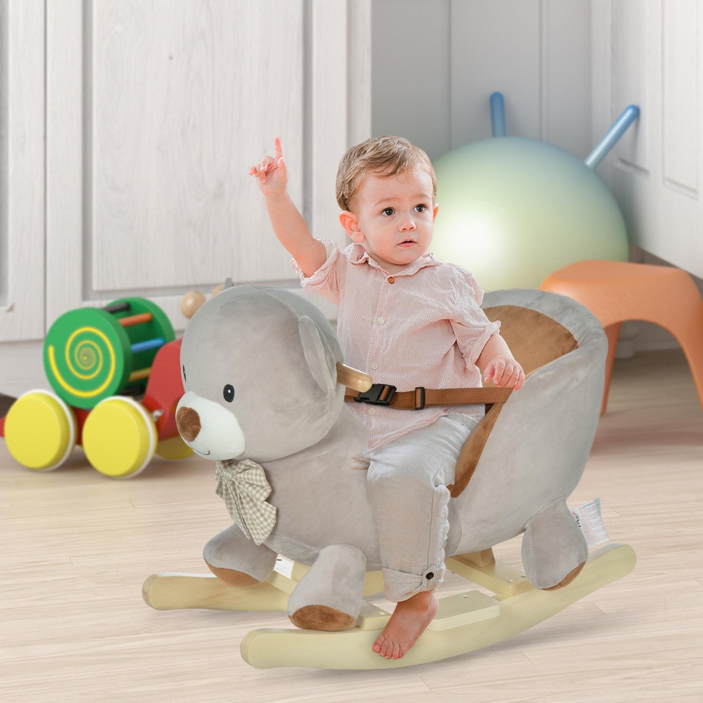 Web Based Bear-Shaped Kids Rocking Horse with Sound for 18-36 Months, Gray