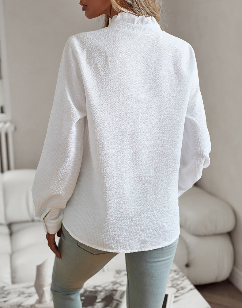 Web Based Striped Long Sleeve Shirt Fashion Ruffle Design Button Up Tops Casual Office Blouse Elegant Commuting Women's Clothing