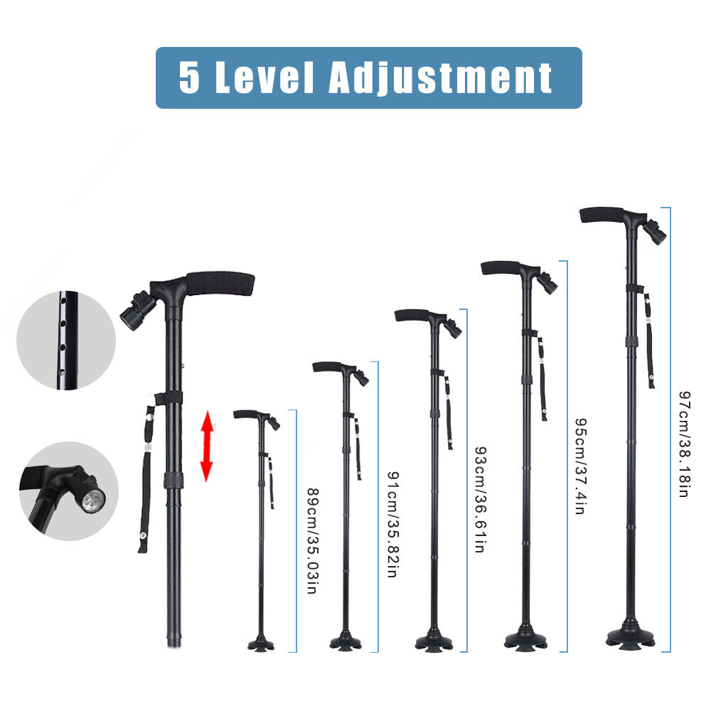 Eeb Based Folding LCD Walking Stick Cane With Flashlight For Senior Aluminium Travel Hiking Cane Trekking Pole Crutch Handle Strap 5 Gears