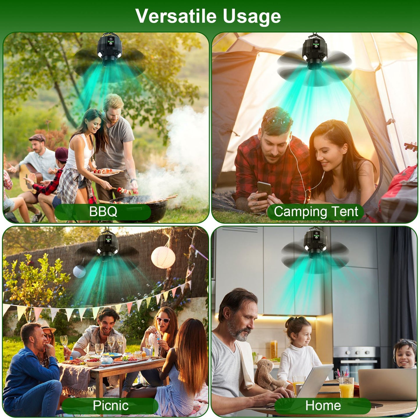 Web Based Portable Camping Ceiling LED Fan  USB Battery Powered Hanging Tent Lantern Fan Power Bank With 3 Fan Speed 3 Light Brightness Smart Timer Remote Control