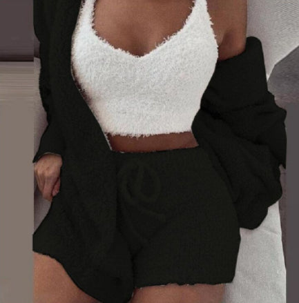 Web Based 3pcs Womens Clothing Long Sleeve Crop Tank Top And Drawstring Shorts Pajama Set