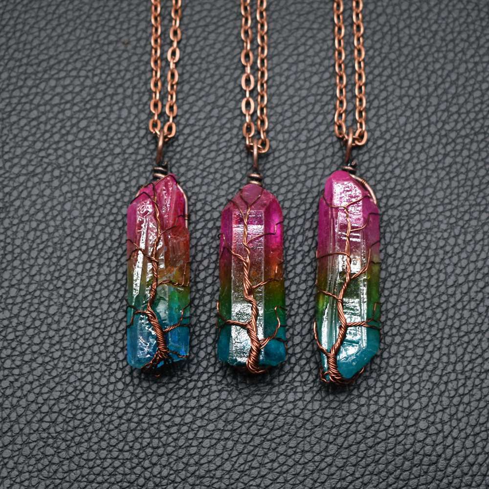 Web Based  Stone Crystal Pillar Tree Of Life Pendant Ins Fashion Necklace