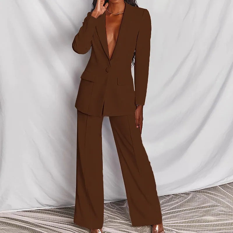 Web Based 2pcs Casual Suit Lapel Button-down Blazer Jacket And Straight-leg Pants Office Commuting Business Trousers Set Clothing