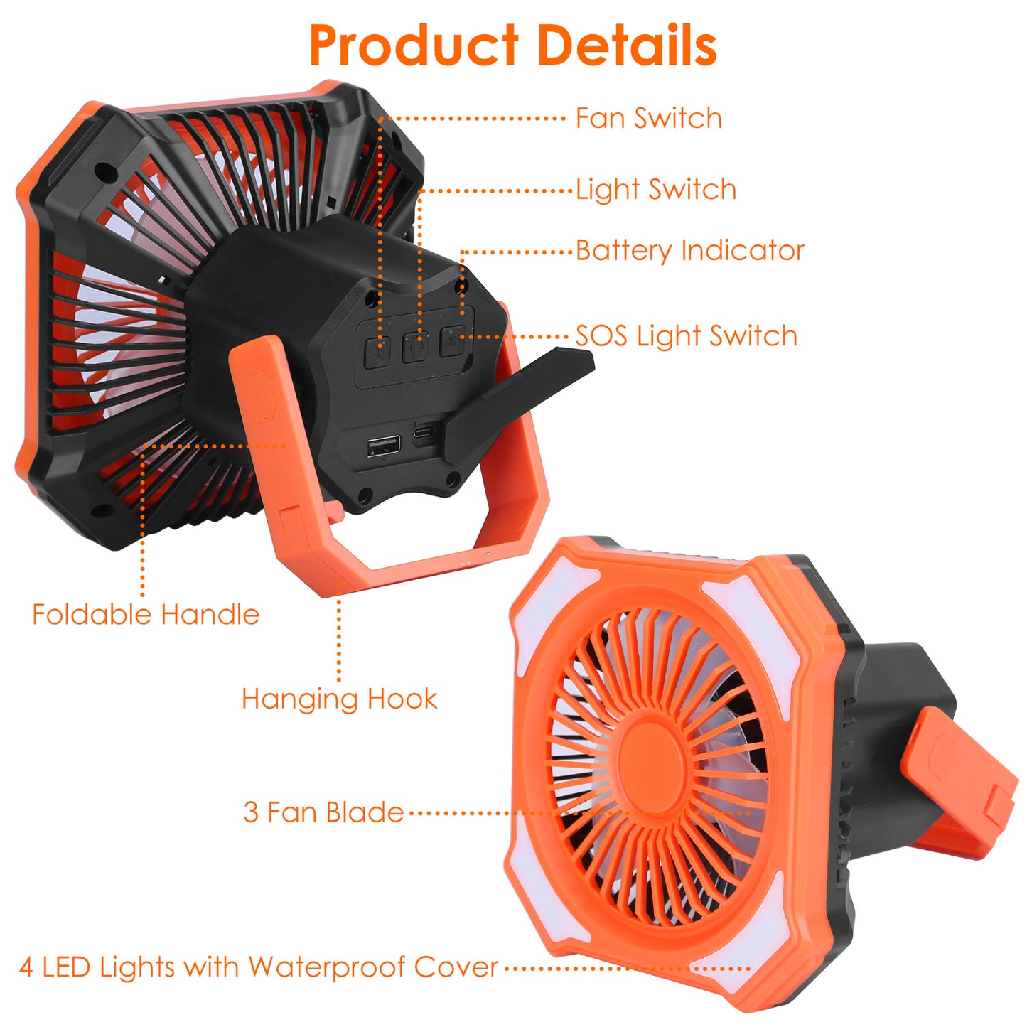 W eb Based Portable Camping Lantern Fan Battery Powered Hanging Fan USB Rechargeable Tent Fan With 4 Light Modes 3 Wind Modes Emergency Power Bank Remote Control Hanging Hook