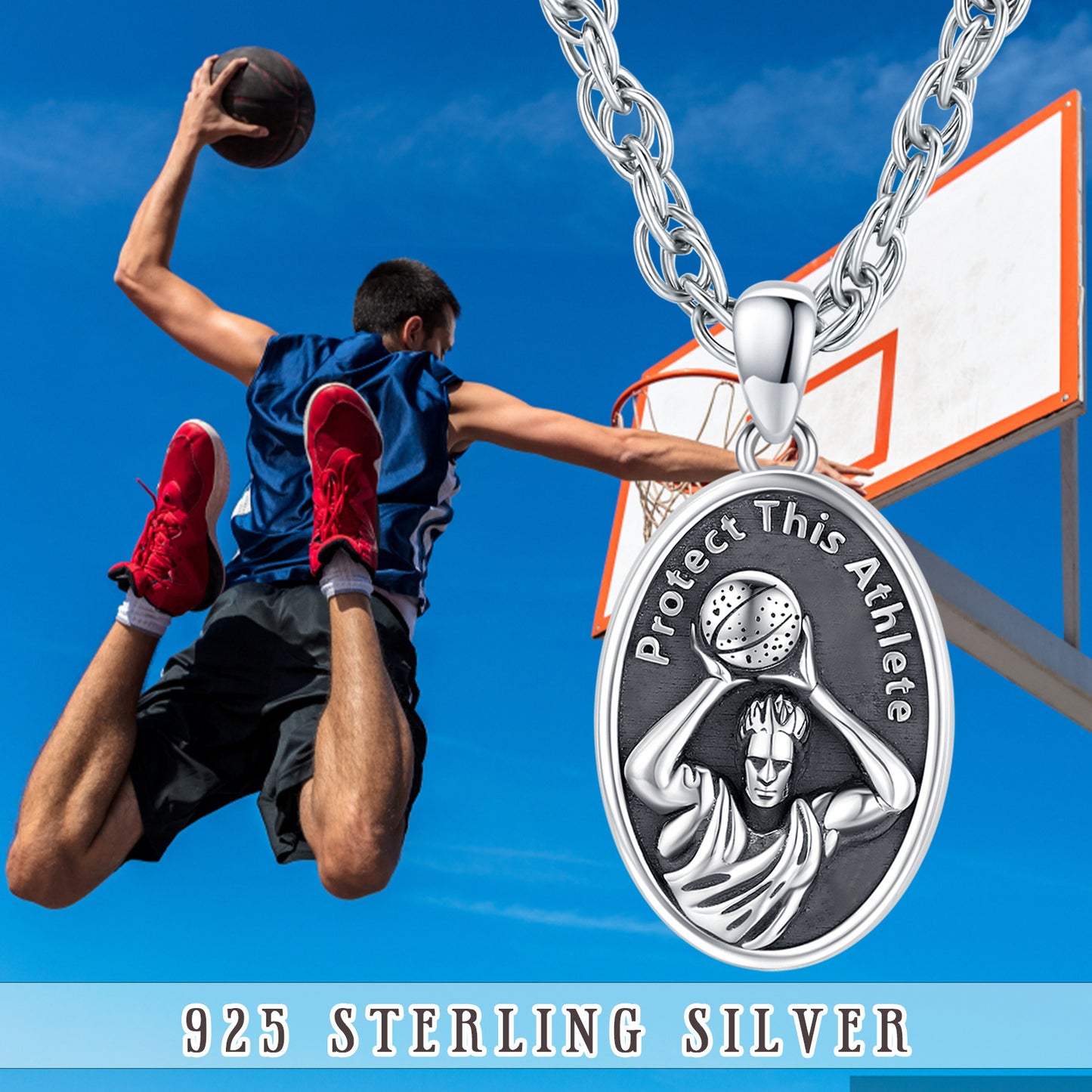 Web Based Basketball Athlete Pendant Necklace in 925 Sterling Silver