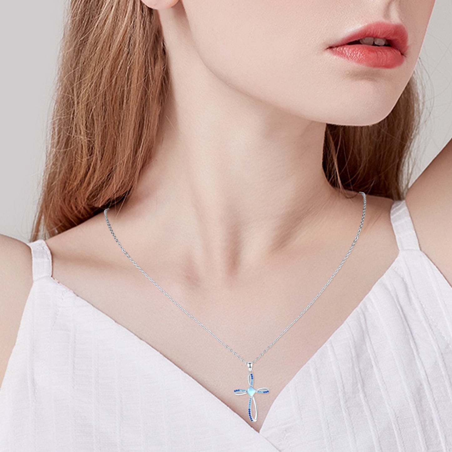 Web Based Moonstone Cross Pendant Necklace in 925 Sterling Silver