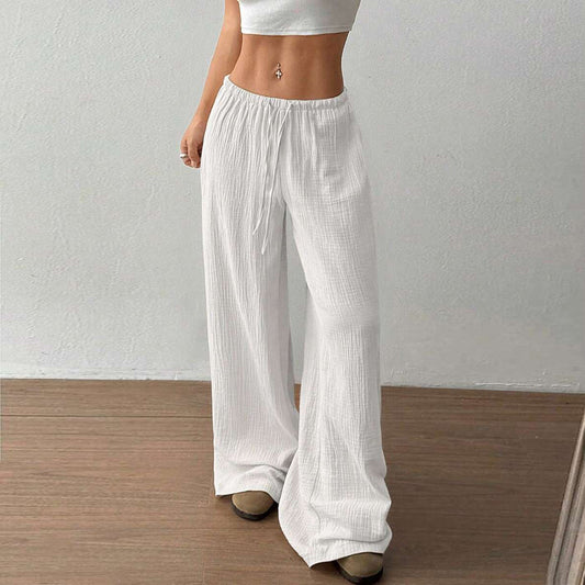 Web Based Plus Size Women's Solid Color High-Waisted Wide Leg Pants Drawstring Waist Casual Trousers For Spring And Autumn