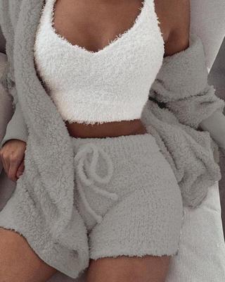 Web Based 3pcs Womens Clothing Long Sleeve Crop Tank Top And Drawstring Shorts Pajama Set