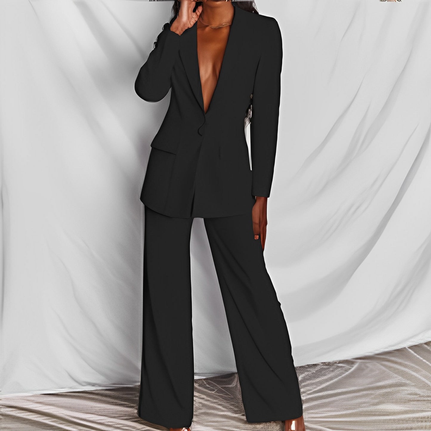 Web Based 2pcs Casual Suit Lapel Button-down Blazer Jacket And Straight-leg Pants Office Commuting Business Trousers Set Clothing
