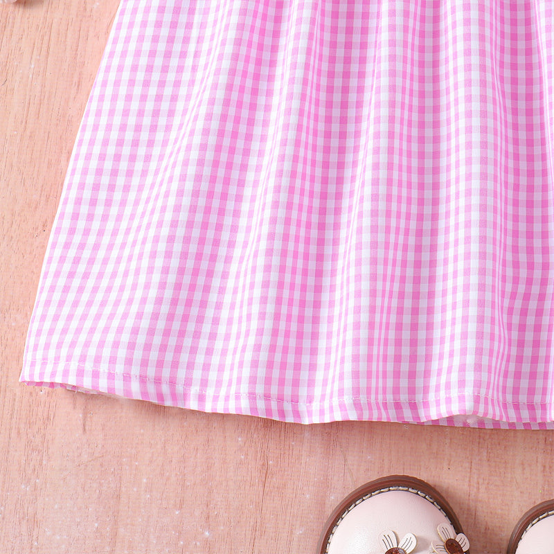 Web Based Toddler Girl's Lapel Bubble Sleeve Dress, Checkered Pattern & Bunny Embroidery A-Line Summer Dress