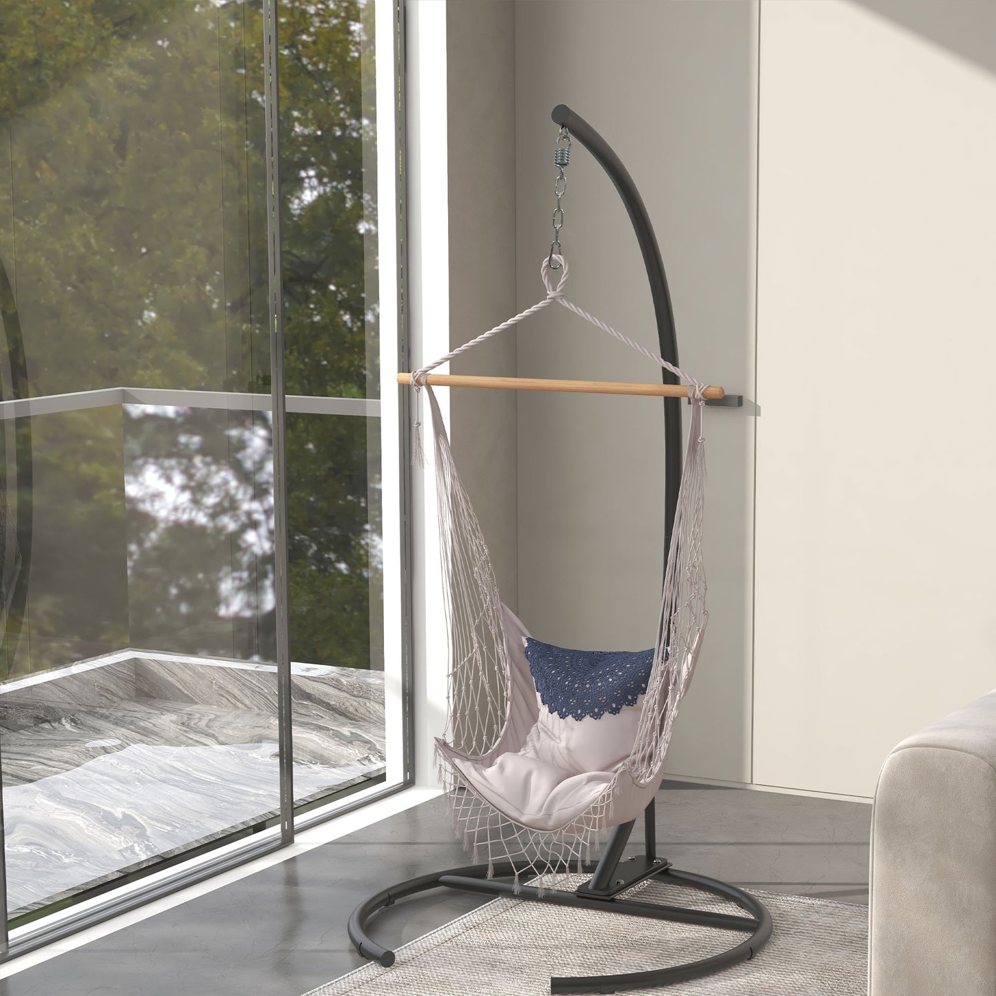 Web Based Hanging Hammock Chair Stand with Round Base, 40.2" x 76.8", Black