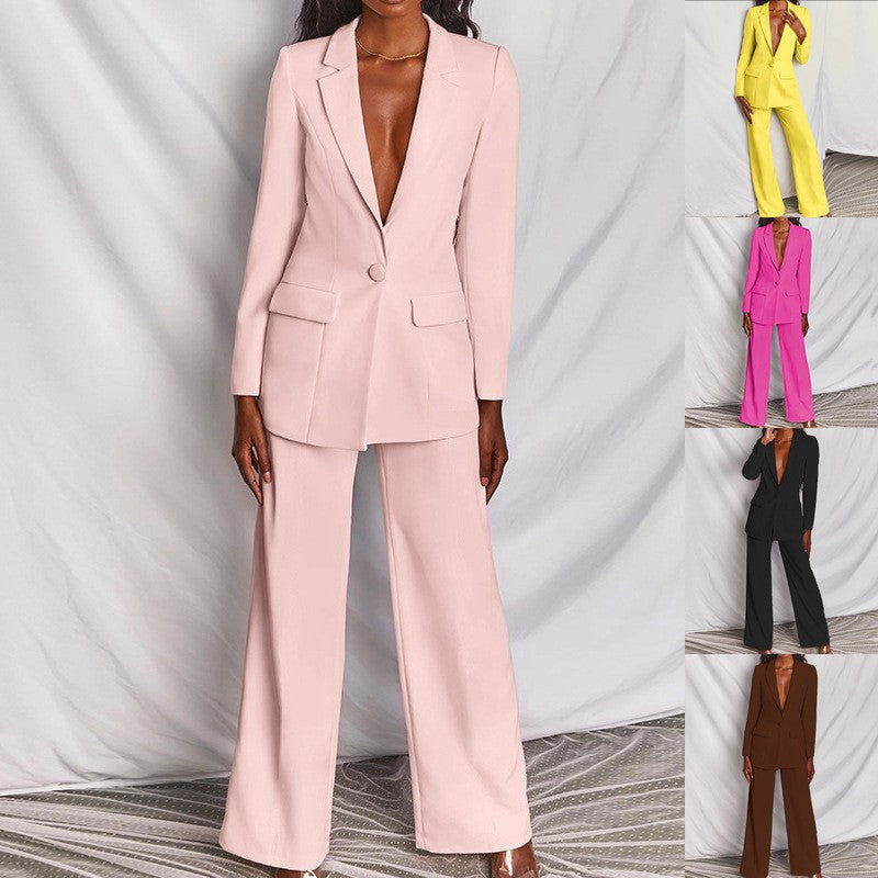 Web Based 2pcs Casual Suit Lapel Button-down Blazer Jacket And Straight-leg Pants Office Commuting Business Trousers Set Clothing