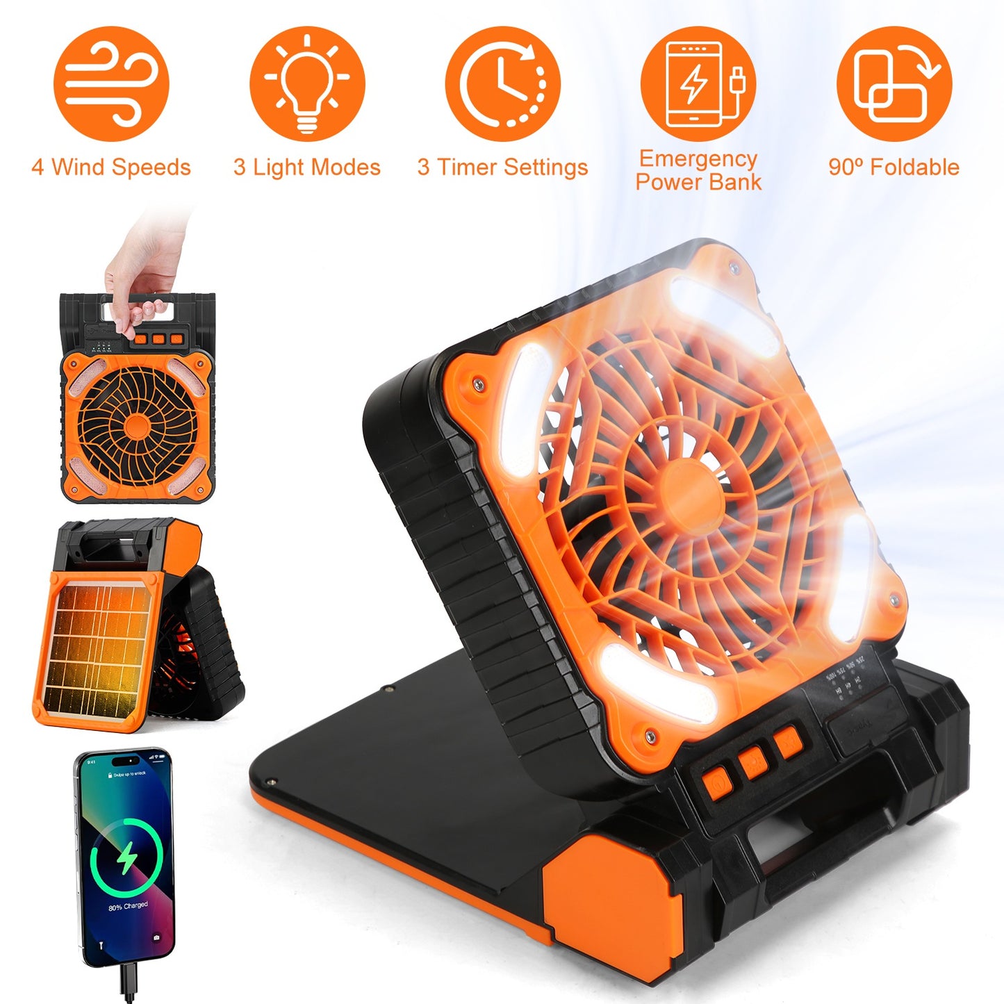 Web Based Solar Camping Fan With LED Lantern 5200mAh Rechargeable Battery Operated Portable Fan With Emergency Power Bank 4 Wind Speeds 3 Light Modes 3 Timers For Hiking Fishing Travel