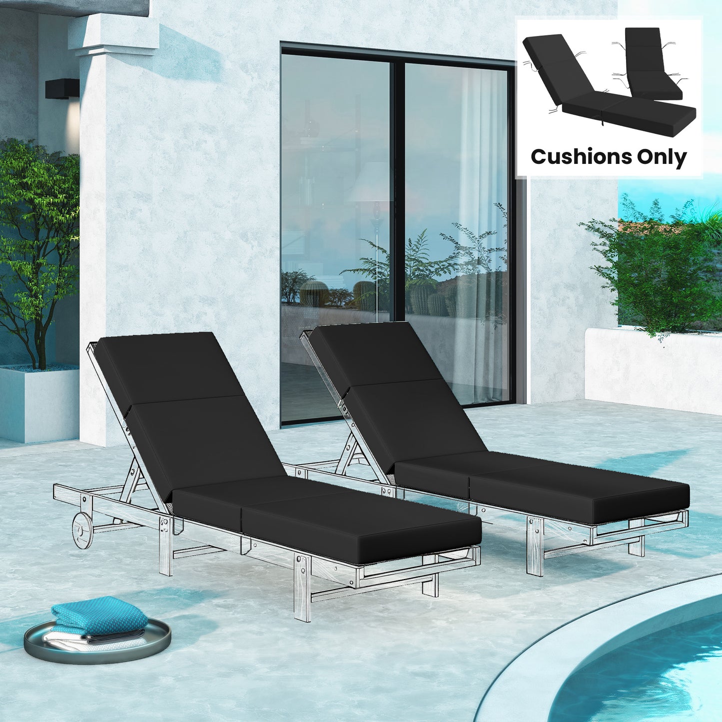 Web Based Set of 2 Chaise Lounge Cushion, 4" Thick Outdoor Lounge Chair Cushions with Ties for Patio, 21" x 72 ", Gray