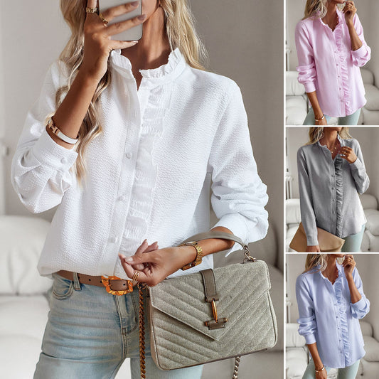 Web Based Striped Long Sleeve Shirt Fashion Ruffle Design Button Up Tops Casual Office Blouse Elegant Commuting Women's Clothing