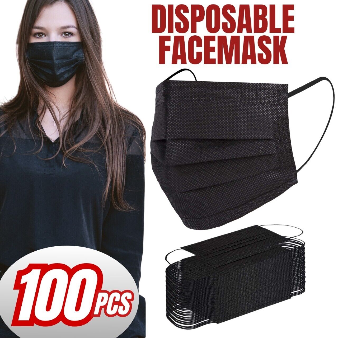 Web Based 100 PCS Face Mask Non Medical Surgical Disposable 3Ply Earloop Mouth Cover Black