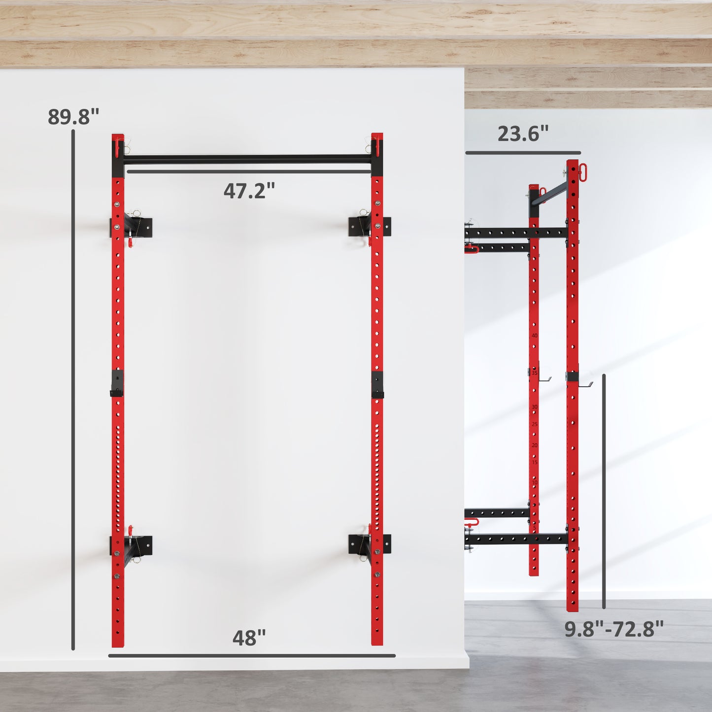 Web Based Folding Squat Rack with Pull Up Bar, Wall Mounted and Adjustable, 1000 Pounds Capacity Power Rack, Red