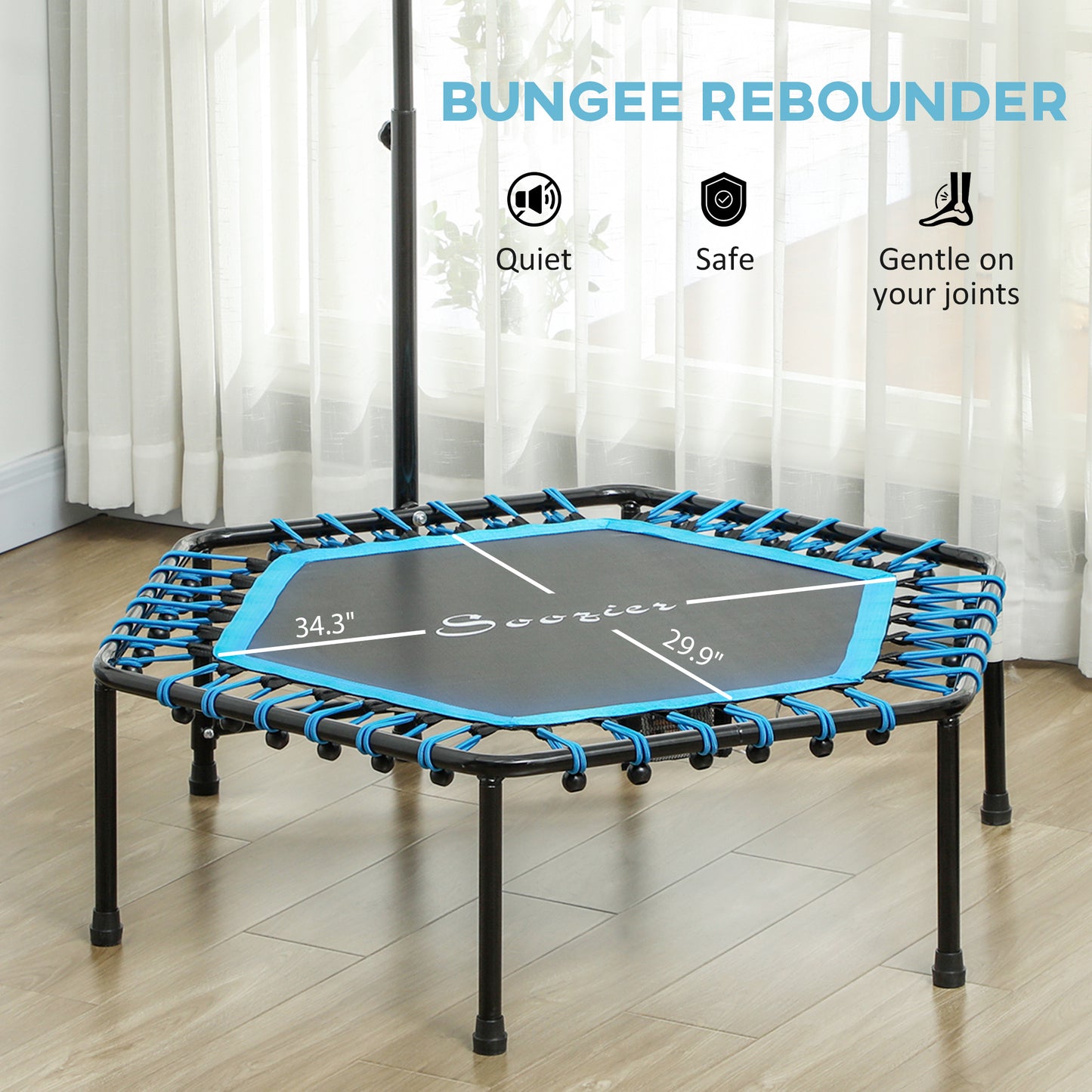 Web Based Rebounder Trampoline For Adults, Quiet Bungee Rebounder With LED Lights And Adjustable Handle, Blue