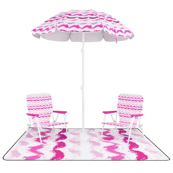 Web Based 4-Piece Beach Set With 6.2ft Sun-Proof Umbrella, 2 Folding Chairs & 80 X 80 Waterproof Blanket-Pink
