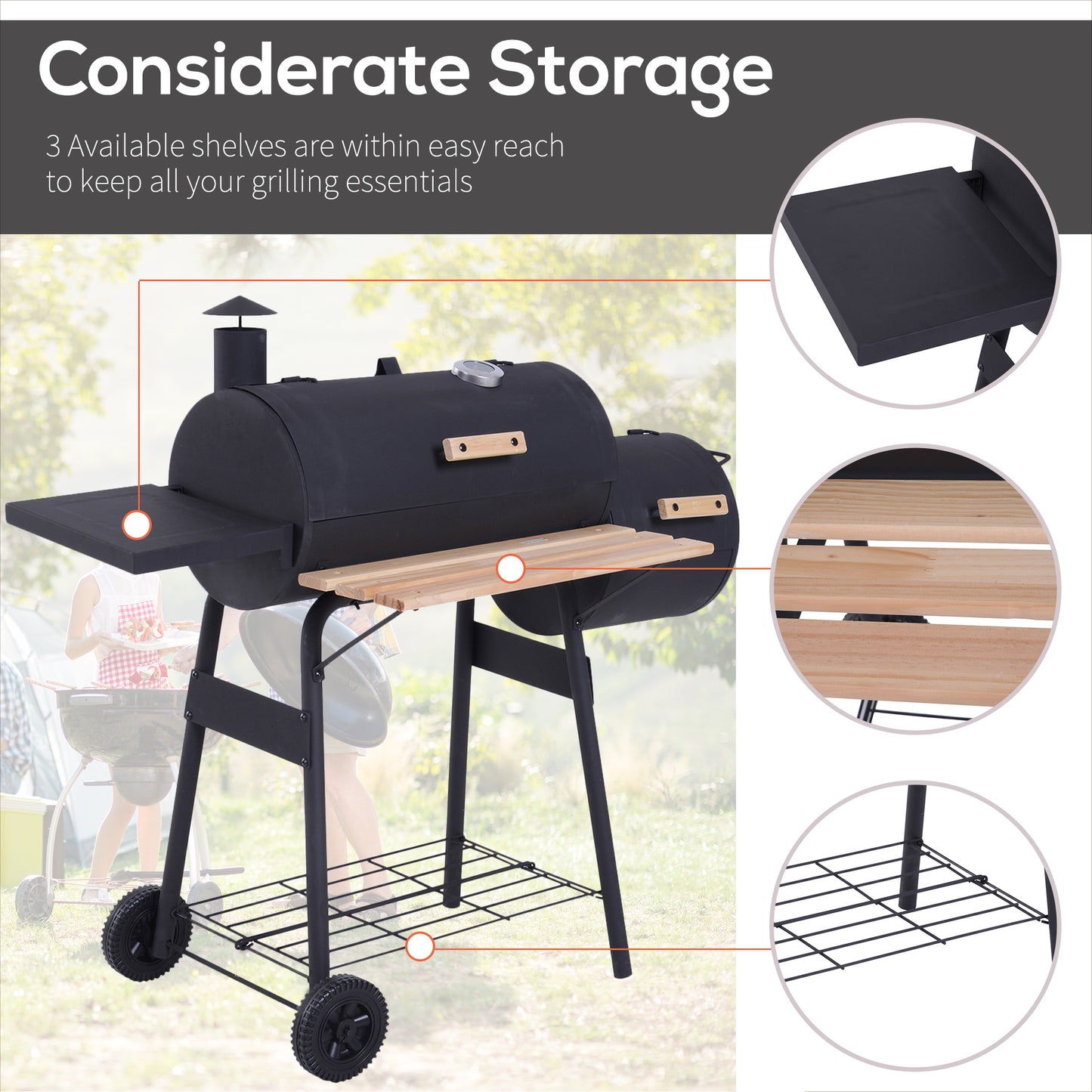 Web Based Charcoal BBQ, Portable Grill with Wheels, All-in-One Grill, Side vent, Two Shelves and Metal Grating, Lit-Mounted Thermometer, Wooden Handle, for Outdoor Cooking, Black