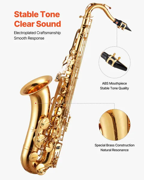 Wwb Based VEVOR Tenor Saxophone, B Flat, Professional Brass Saxophone Beginner Kit With Carrying Case, Mouthpiece, Straps, Cleaning Cloth, Gloves, Neck Strap, 23 Keys Tenor Sax Kit, For Beginners Students, Gold