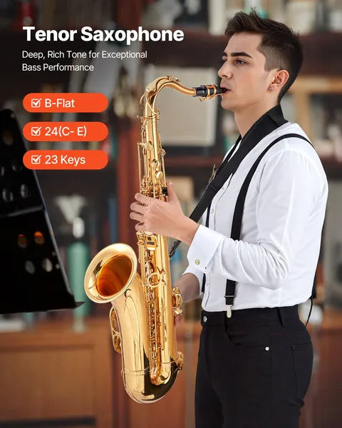 Wwb Based VEVOR Tenor Saxophone, B Flat, Professional Brass Saxophone Beginner Kit With Carrying Case, Mouthpiece, Straps, Cleaning Cloth, Gloves, Neck Strap, 23 Keys Tenor Sax Kit, For Beginners Students, Gold