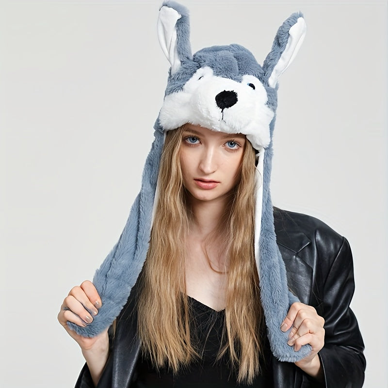Web Based Cute Animal Moving Ear Hat Cute Panda Dog Frog Puppy Plush Hats Halloween Cosplay Party Earflap Hat For Women