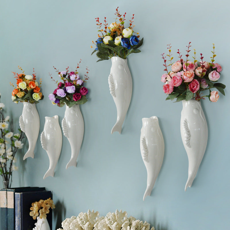WebBased Simple Modern Creative Wall Ceramic Goldfish Vase Restaurant Mural Wall Hanging Three-Dimensional Wall Decoration Wholesale